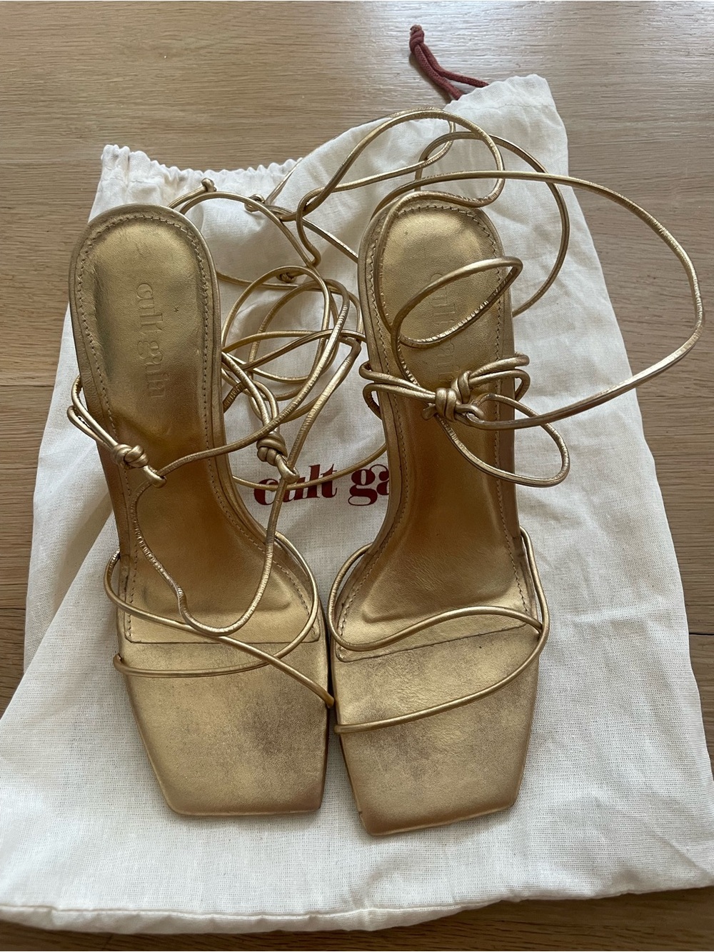 cult gaia Metallic Gold Lace-Up Square-Toe Heels